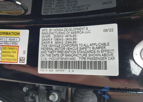 2022 Honda Accord Sport 2.0T из США, поврежденный, VIN 1HGCV2F39NA014493